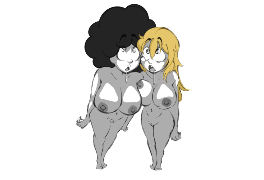 afro black_hair blonde_hair breasts cat_nap_(hypnolordx) drool female_only femsub hope_(hypnolordx) large_breasts long_hair multiple_girls multiple_subs nipples nude open_mouth original pussy sodapop spiral_eyes standing symbol_in_eyes