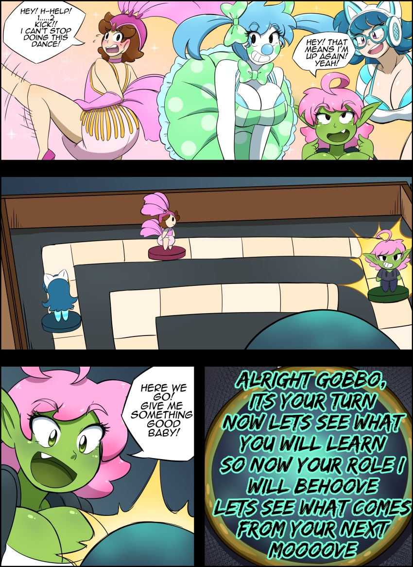 aware blue_hair body_control brown_hair cleavage clown_girl comic dancing diaper dress elf_ears glasses goblin green_skin headphones kobi94 large_breasts long_hair magic pink_hair poem poofy_diaper short_hair shortstack showgirl speech_bubble text twintails