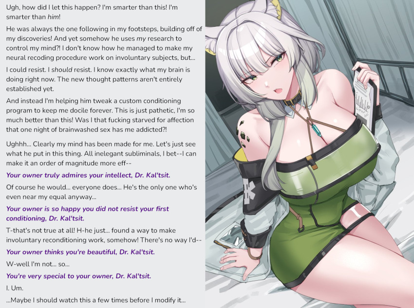 animal_ears arknights aware caption caption_only cleavage clipboard collar femsub grey_hair hypnosis_addiction kal&#039;tsit_(arknights) kanta077 large_breasts maledom monsieurchuchote_(writer) text weak_control wholesome