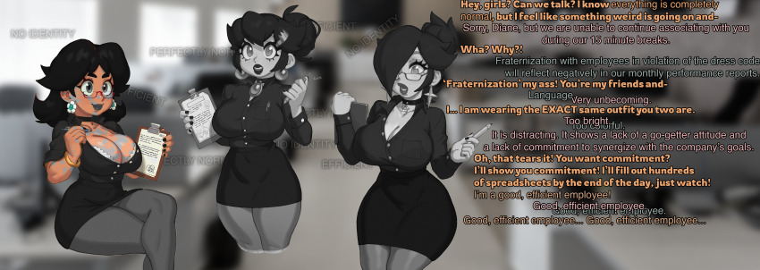 absurdres black_hair breasts caption cleavage clipboard corporatification dialogue empty_eyes female_only femsub glasses grey_eyes grey_skin hypnotic_music large_breasts manip mantra multiple_subs nintendo office office_lady pantyhose peppermintspiral_(manipper) princess_daisy princess_peach princess_rosalina rizdraws subliminal super_mario_bros. text