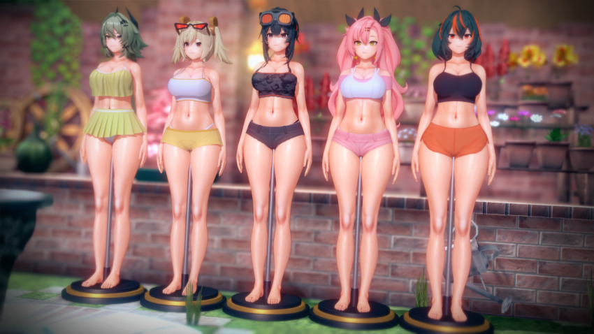 3d abs bangs barefoot black_hair blonde_hair breasts burnice_white_(zenless_zone_zero) caesar_(zenless_zone_zero) cleavage crop_top dollhouse dollification earrings empty_eyes expressionless female_only femsub glasses glasses_on_head goggles goggles_on_head grace_howard green_eyes grey_hair hair_clips hair_ornament hair_ribbon horns koikatsu! large_breasts long_hair midriff miniskirt multicolored_hair multiple_girls multiple_subs navel nicole_demara one_bar_prison orange_eyes orange_hair pink_hair ponytail short_hair shorts skirt standing standing_at_attention sunglasses thighs thong twintails yellow_eyes zenless_zone_zero zhu_yuan