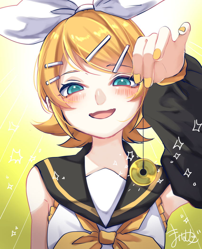 blonde_hair blush bow coin female_only femdom looking_at_viewer mai_mugi nail_polish open_mouth pendulum pov pov_sub rin_kagamine short_hair simple_background smile solo vocaloid