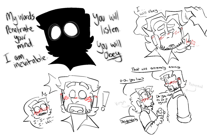 awakening blush consensual dialogue embarrassed hand_on_head herobrine_(minecraft) jorin_valor-shield(mx_driftdrop) long_hair male_only maledom malesub minecraft mx_driftdrop original resisting sketch telepathy white_background whitewash_eyes yaoi