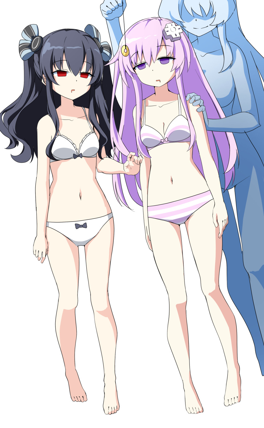 absurdres barefoot black_hair bra breasts cleavage coin collarbone dazed empty_eyes etlabsotwe expressionless faceless female_only femdom femsub hair_ribbon hairpin hyperdimension_neptunia long_hair multiple_girls nepgear open_mouth panties pendulum purple_eyes purple_hair red_eyes ribbon small_breasts smile standing striped_panties thigh_gap twintails underwear uni very_long_hair white_panties