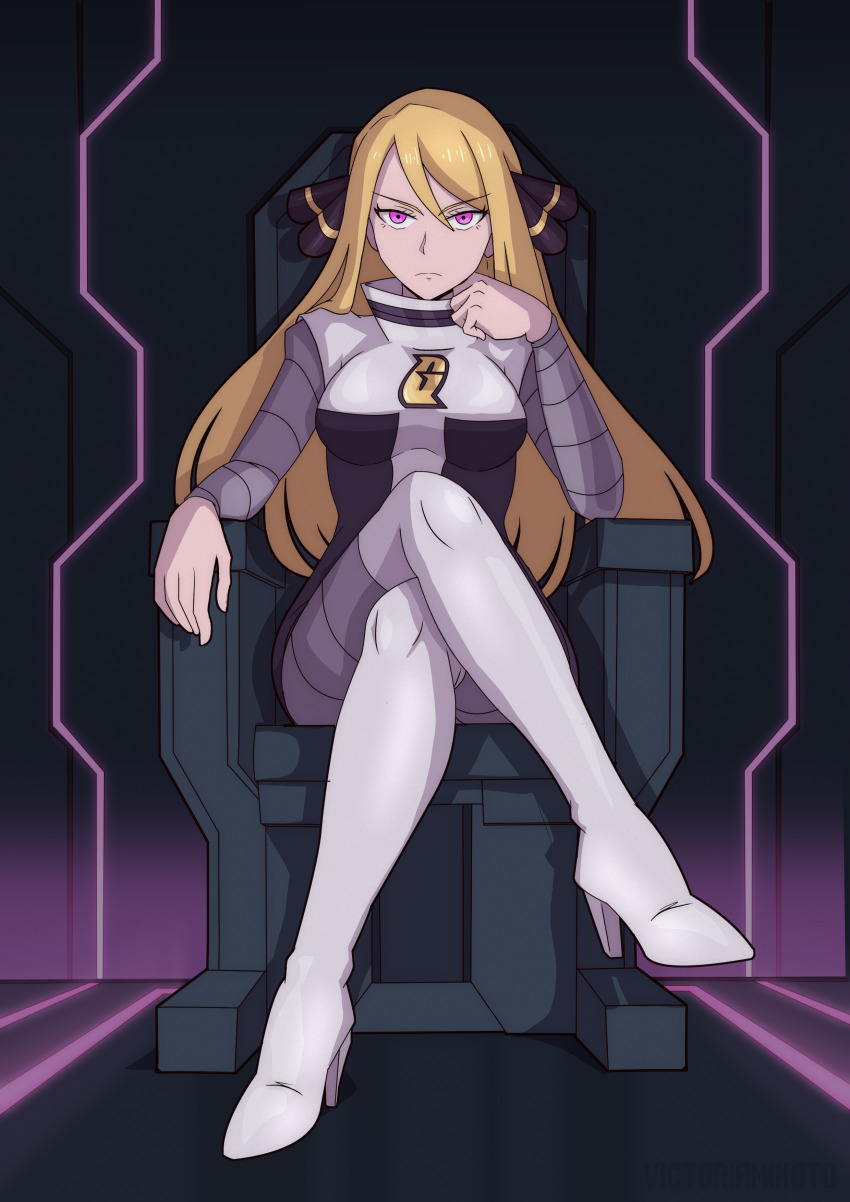 angry blonde_hair bodysuit boots breasts crossed_legs cynthia empty_eyes female_only femsub hair_ornament high_heels long_hair nintendo pink_eyes pokemon pokemon_diamond_pearl_and_platinum sitting solo team_galactic thighhighs very_long_hair victoriamikoto