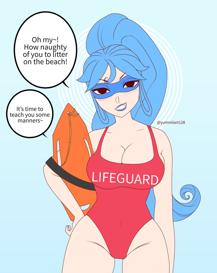 black_eyes blue_hair blue_lipstick empty_eyes female_only femdom hypnotized_dom long_hair mask original ponytail simple_background speech_bubble spiral_eyes swimsuit text white_skin yumiiart