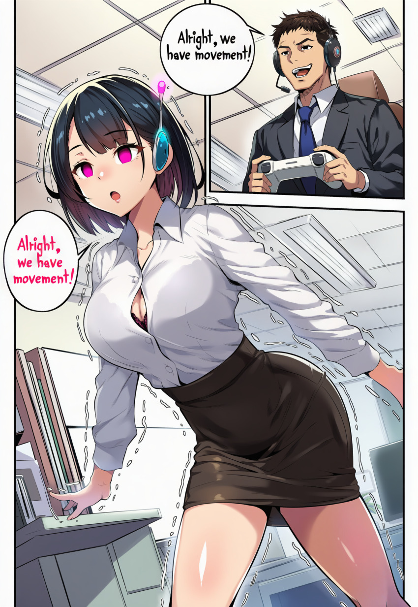 ai_art antenna black_hair body_control bra button_gap comic earpiece empty_eyes english_text expressionless femsub game_controller hellsing002_(generator) maledom microphone office_lady remote_control skirt smirk speech_bubble trembling