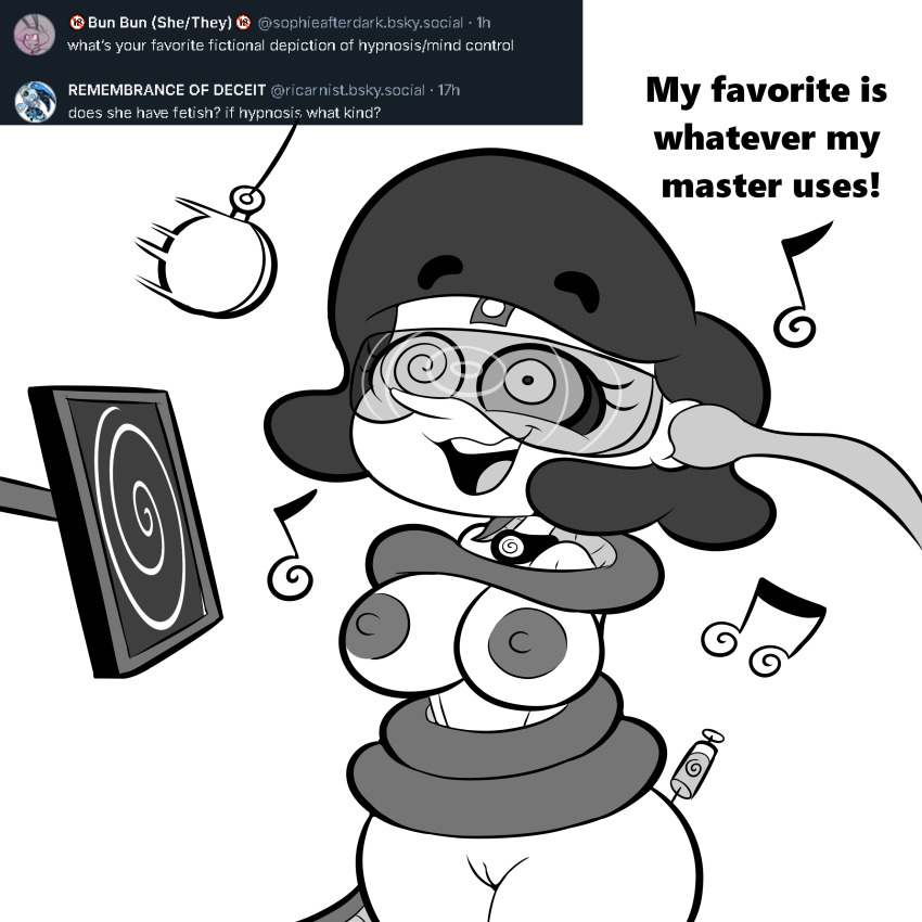 apopop black_hair bottomless brain_drain breasts collar dialogue femsub hypnotic_audio hypnotic_drug hypnotic_music hypnotic_screen injection large_breasts large_hips microchip multiple_methods_of_hypnosis open_mouth original pendulum pocket_watch sally_(apopop) smile snake spiral_eyes tech_control tentacles text visor white_skin