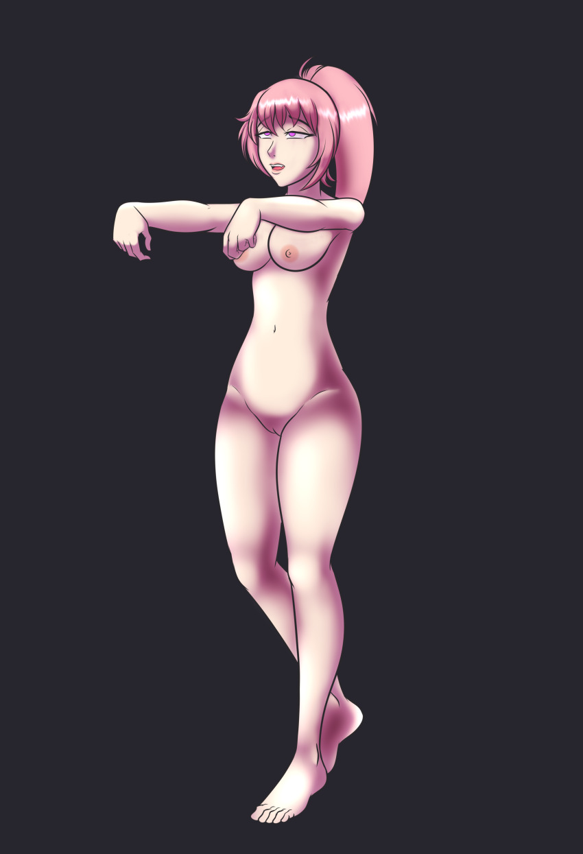 barefoot bottomless breasts crystal_(zko) empty_eyes feet female_only femsub katsiika large_breasts long_hair nude open_mouth original pink_eyes pink_hair ponytail solo topless zombie_walk