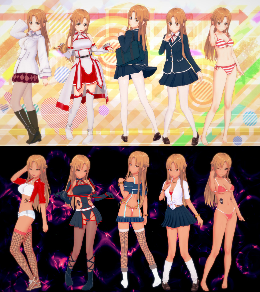 3d akaoni0123 alternate_costume ass asuna before_and_after belt bikini bikini_bottom bikini_top bra bracelet breasts brown_eyes cleavage coat corruption crotch_cutout english_text female_only femsub fishnets gloves gold happy_trance jewelry koikatsu! light_skin long_hair midriff miniskirt multiple_views navel necklace opera_gloves orange_hair panties pantyhose sandals shirt shoes shoulder_pads skirt smile socks solo swimsuit sword sword_art_online tan_skin tattoo text thighhighs tied_shirt tongue tongue_out tube_top weapon wink