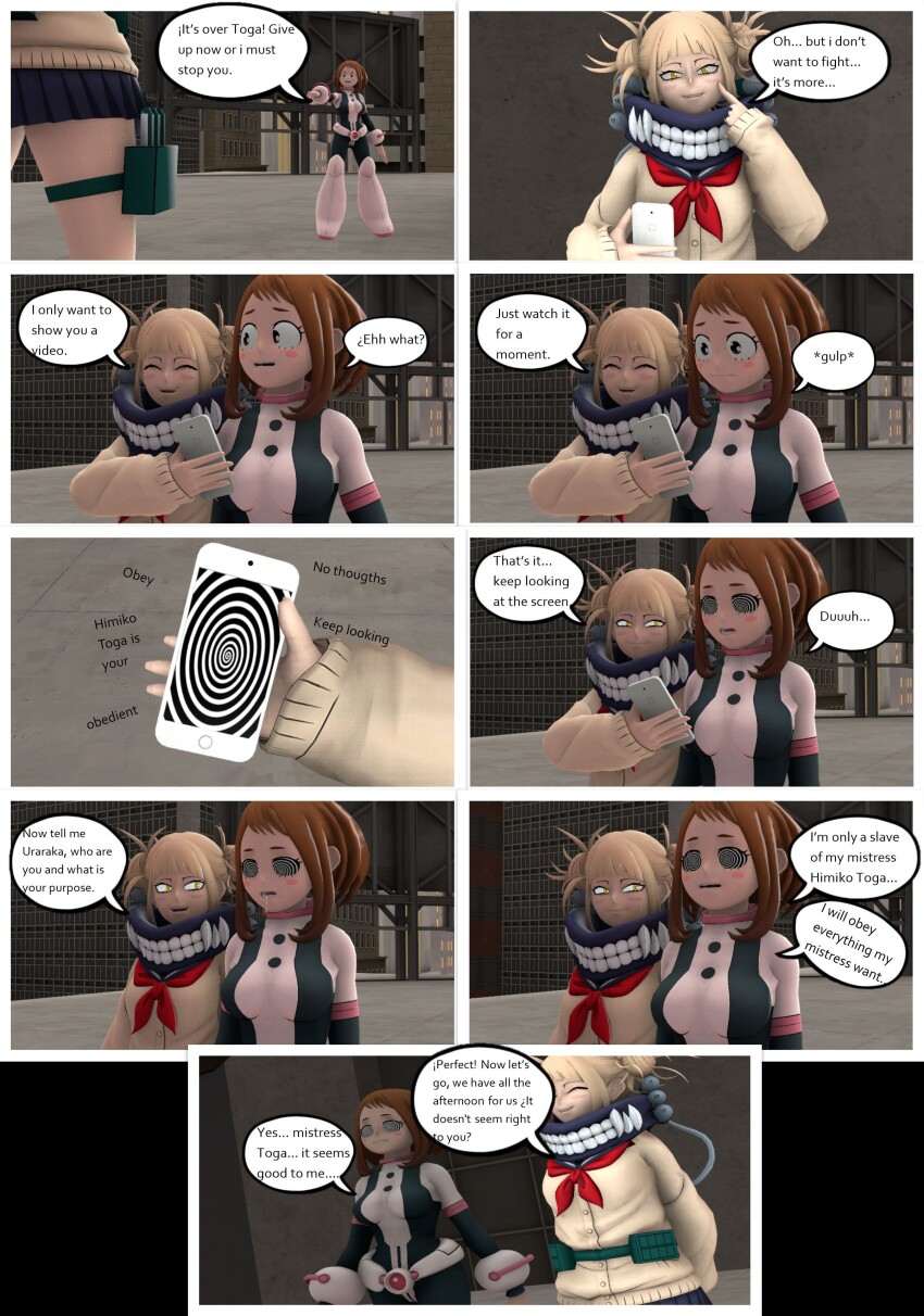 3d comic dialogue femdom femsub himiko_toga my_hero_academia ochaco_uraraka spiral_eyes text whateverdude19