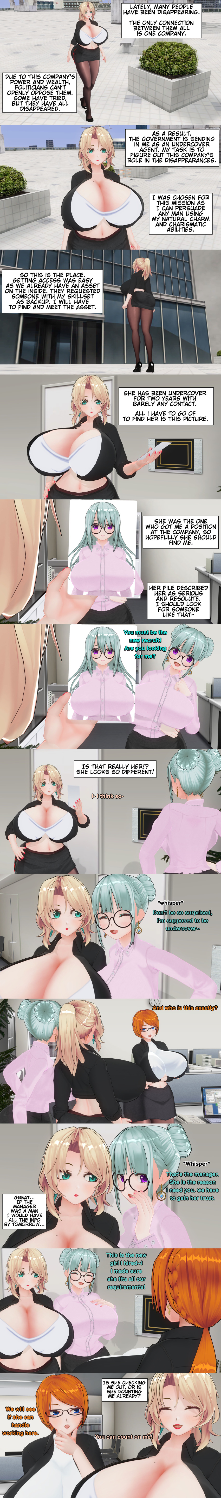 absurdres blonde_hair blue_eyes calusteri closed_eyes clothed dialogue english_text female_only femsub glasses green_eyes green_hair huge_breasts long_hair multiple_girls multiple_subs orange_hair purple_eyes short_hair text