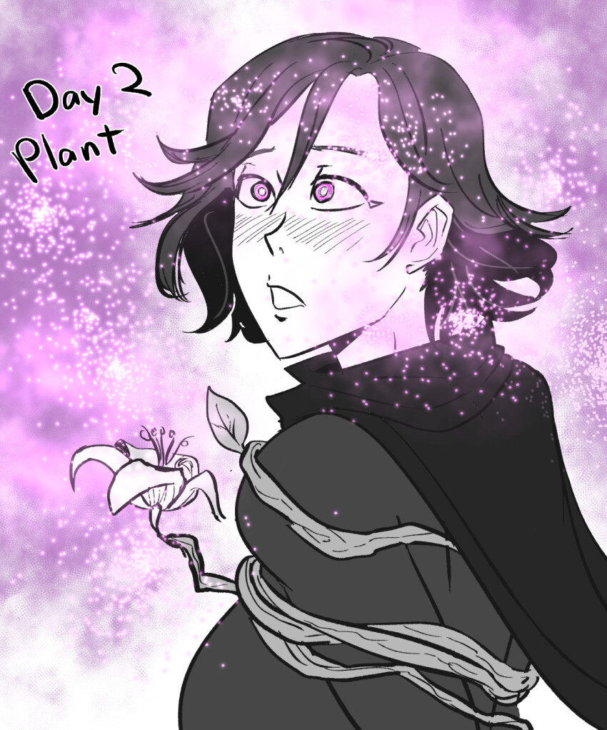 arms_behind_back batgirl batman_(series) blush bodysuit cape cassandra_cain dc_comics female_only femsub flower hypnotic_plant hypnovember large_breasts looking_back majinsfw pink_eyes plant restrained short_hair solo vines