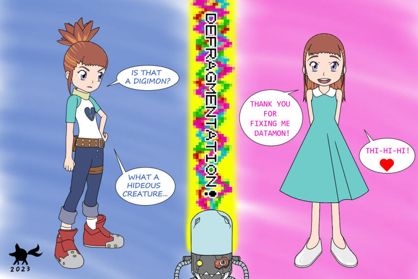 altered_common_sense alternate_costume before_and_after blue_eyes brown_hair datamon dialogue digimon digimon_tamers dress english_text female_only feminization femsub flat_chest happy_trance jeans light_skin loli long_hair ponytail rika_nonaka sexism simple_background small_breasts speech_bubble text tomboy weirdfoxx