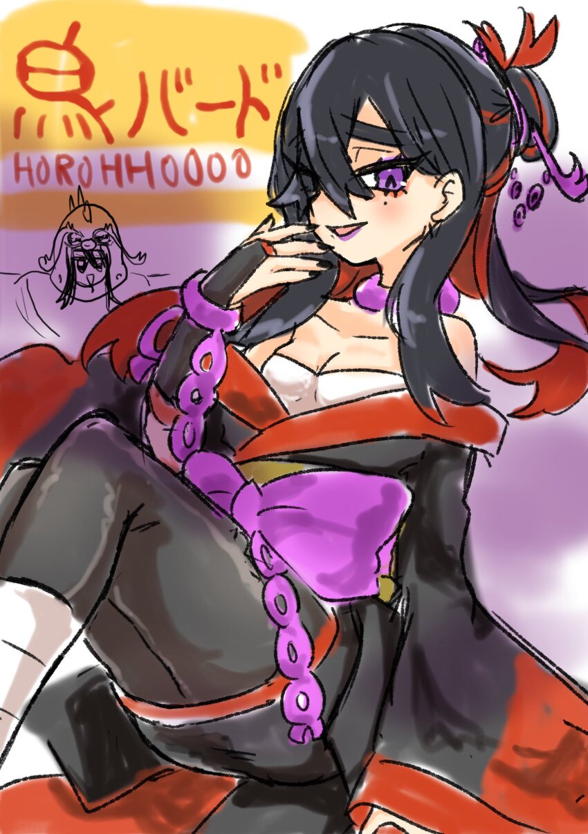 alternate_hairstyle androgynous_dom bare_shoulders black_hair black_nail_polish blush breasts carmine_(pokemon) character_request cleavage clothed costume femsub happy_trance heart heart_eyes japanese_text kimono lipstick makeup mole multicolored_hair nail_polish nintendo pecharunt pokemon pokemon_(creature) pokemon_masters pokemon_scarlet_and_violet possession purple_lipstick red_hair smile symbol symbol_in_eyes tacho_baby text translation_request