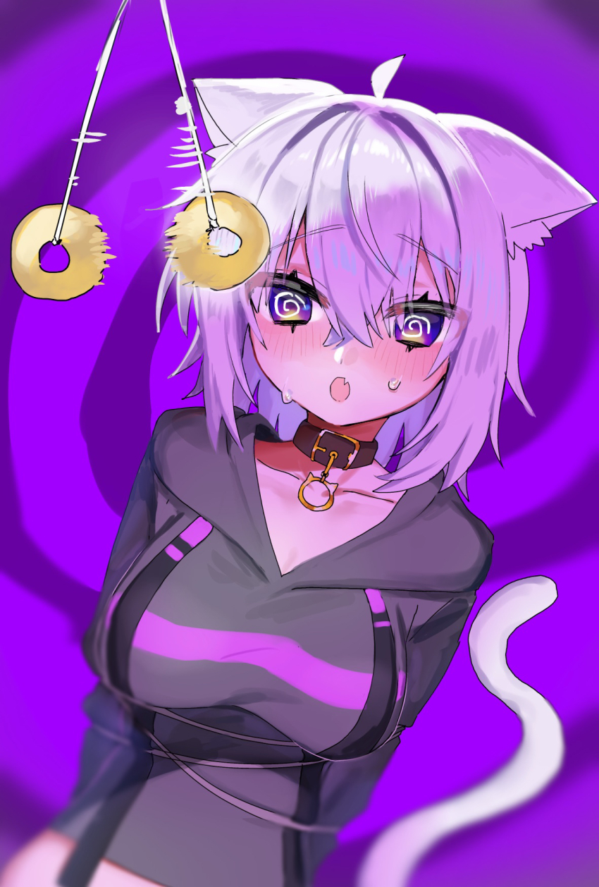 ahoge bangs blush breasts cat_ears cat_girl cat_tail collar fangs hololive multicolored_eyes okayu_nekomata open_mouth panndasa pendulum purple_background purple_eyes purple_hair short_hair spiral spiral_background spiral_eyes standing standing_at_attention sweat virtual_youtuber