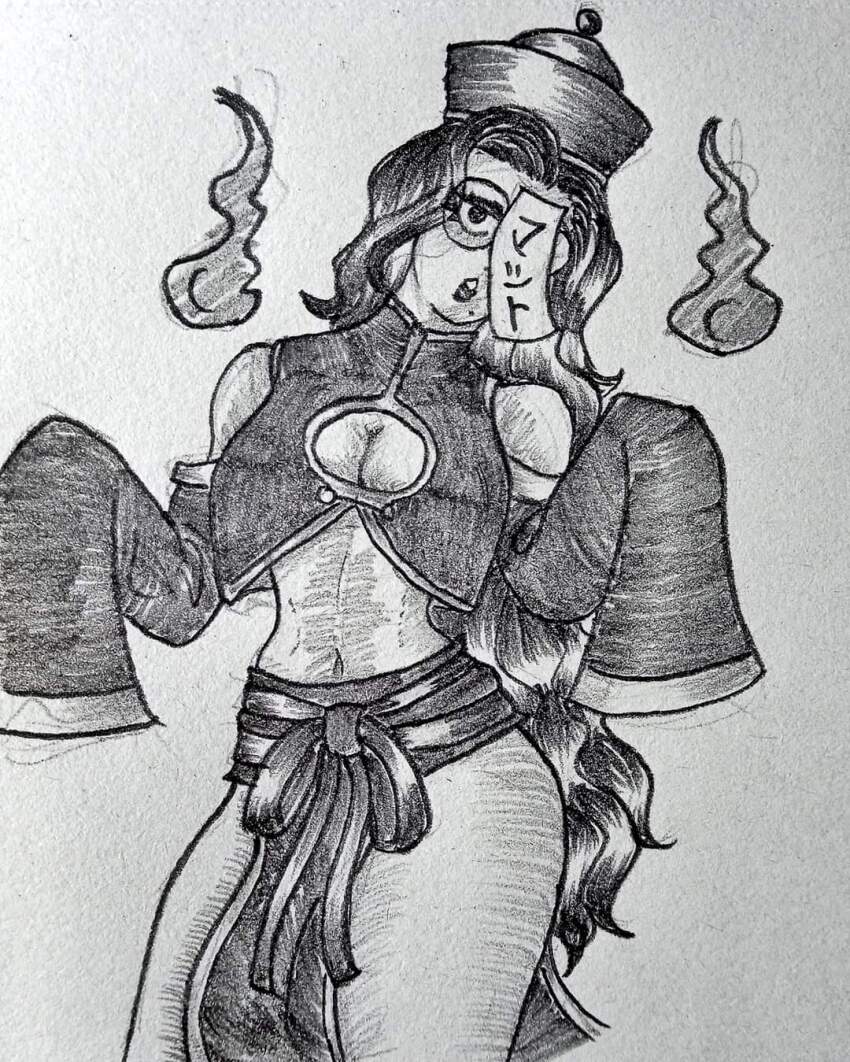 cleavage dogboy_187 ghost glasses jiangshi magic maria_(dogboy187) milf mutt_(dogboy187) original possession red_hair spanish talisman text translation_request