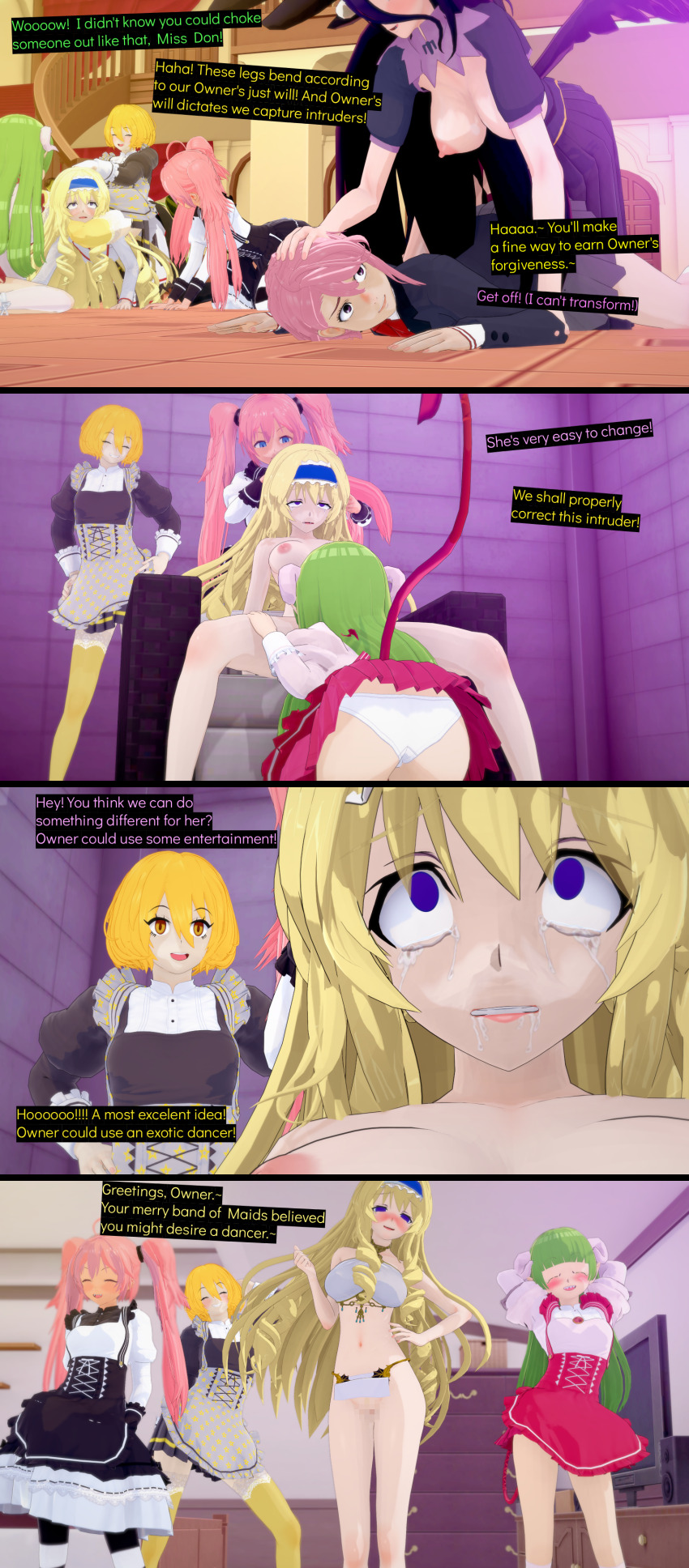3d aira_shiratori albedo_(overlord) ass blonde_hair cecilia_alcott censored clara_valac cyanstargazer dandadan don_quixote_(limbus_company) empty_eyes femsub green_hair happy_trance harem_outfit horns hypnotized_hypnotist infinite_stratos limbus_company maid mairimashita!_iruma_kun milim_nava overlord panties pink_hair tail text that_time_i_got_reincarnated_as_a_slime wings