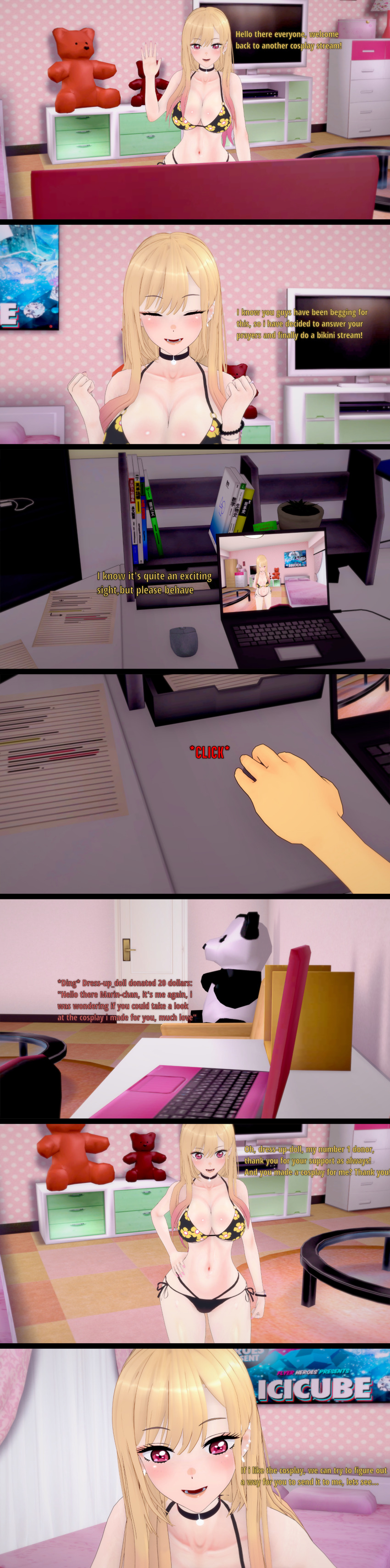 3d absurdres bikini blush bracelet breasts camera collar collarbone complex_background computer dialogue earrings english_text eyebrows_visible_through_hair eyelashes eyeshadow femsub floral_print flower hand_on_hip hourglass_figure jewelry koikatsu! large_breasts long_hair long_nails makeup maledom marin_kitagawa midriff multicolored_hair my_dress-up_darling nail_polish navel red_eyes sequence smile sugus table text