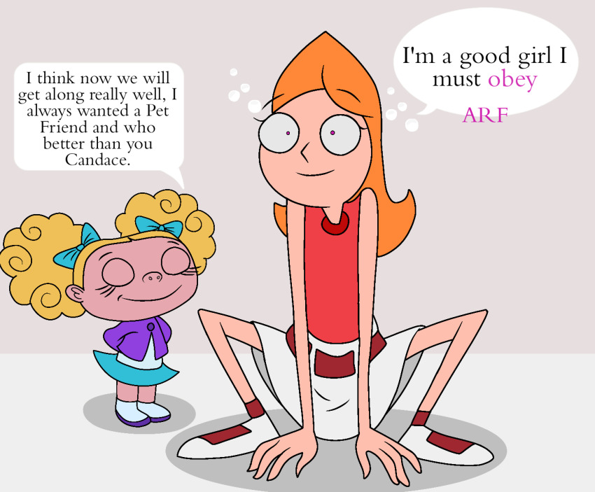 blonde_hair candace_flynn dialogue empty_eyes femdom femsub happy_trance lilly41944 loli long_hair orange_hair pet_play phineas_and_ferb suzy_johnson text