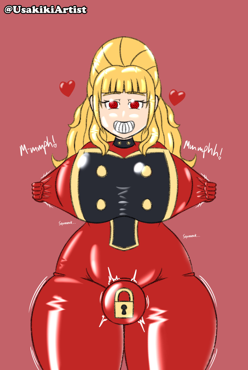 ass beehive_hair blonde_hair bodysuit breasts bulge futa_only futanari futasub hair_ornament happy_trance heart huge_breasts latex long_hair meat_corp null_bulge original red_eyes rubber smile soma_godfry spiral_eyes standing uniform usakiki