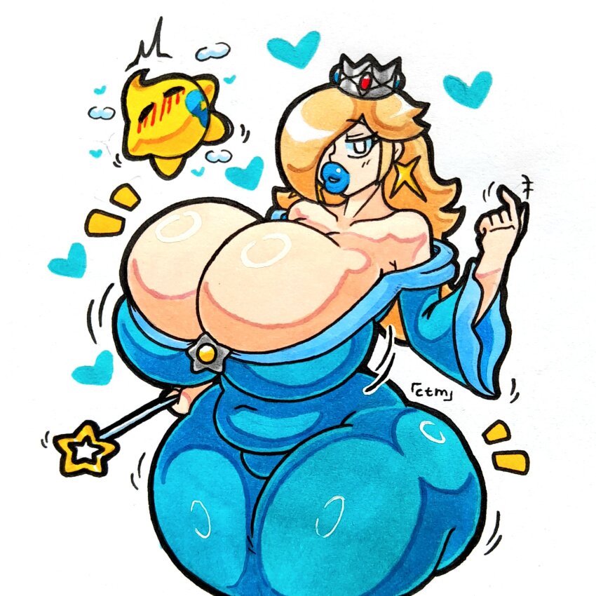 bimbofication blue_lipstick blush collarbone crown dress earrings female_only femsub hair_covering_one_eye hand_on_hip heart huge_ass huge_breasts huge_lips kissing large_breasts lip_expansion lipstick lipstick_mark magic_wand makeup mr.ctm nintendo princess_rosalina signature simple_background smile super_mario_bros. super_mario_galaxy thighhighs white_background