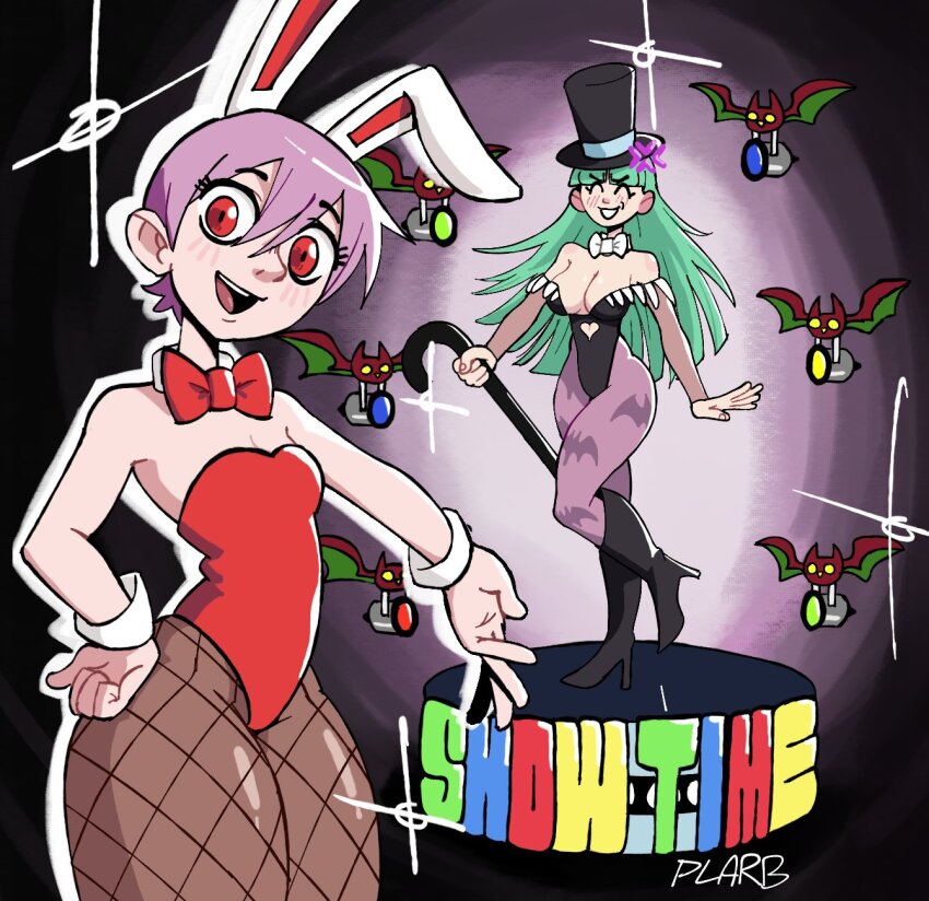 alternate_costume angry aware bare_shoulders bat_wings blush body_control bow_tie breasts bunny_ears bunny_girl bunnysuit capcom choker cleavage closed_eyes dancer dancing darkstalkers embarrassed english_text female_only femdom femsub green_hair happy_trance hat high_heels human_puppet humiliation leggings legs lilith_aensland long_hair looking_at_viewer morrigan_aensland plarbdraws puppet purple_hair red_eyes short_hair smile stage stage_hypnosis succubus text tight_clothing tights top_hat unhappy_trance