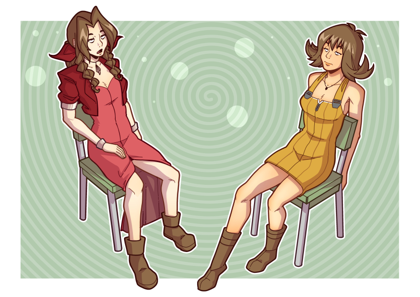 aerith_gainsborough boots brown_hair chair dress efalabrino expressionless eye_roll female_only femsub final_fantasy final_fantasy_vii final_fantasy_viii multiple_girls multiple_subs open_mouth selphie_tilmitt sitting spiral_background square_enix stage_hypnosis white_skin