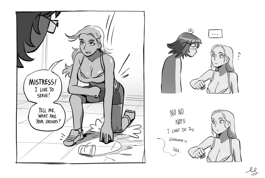 ahoge blush cleavage collarbone comic confused empty_eyes expressionless female_only femdom femsub glasses humor large_breasts leaning_forward legs long_hair mollyjames original psychic shoes shorts simple_background socks tan_skin tank_top text white_background