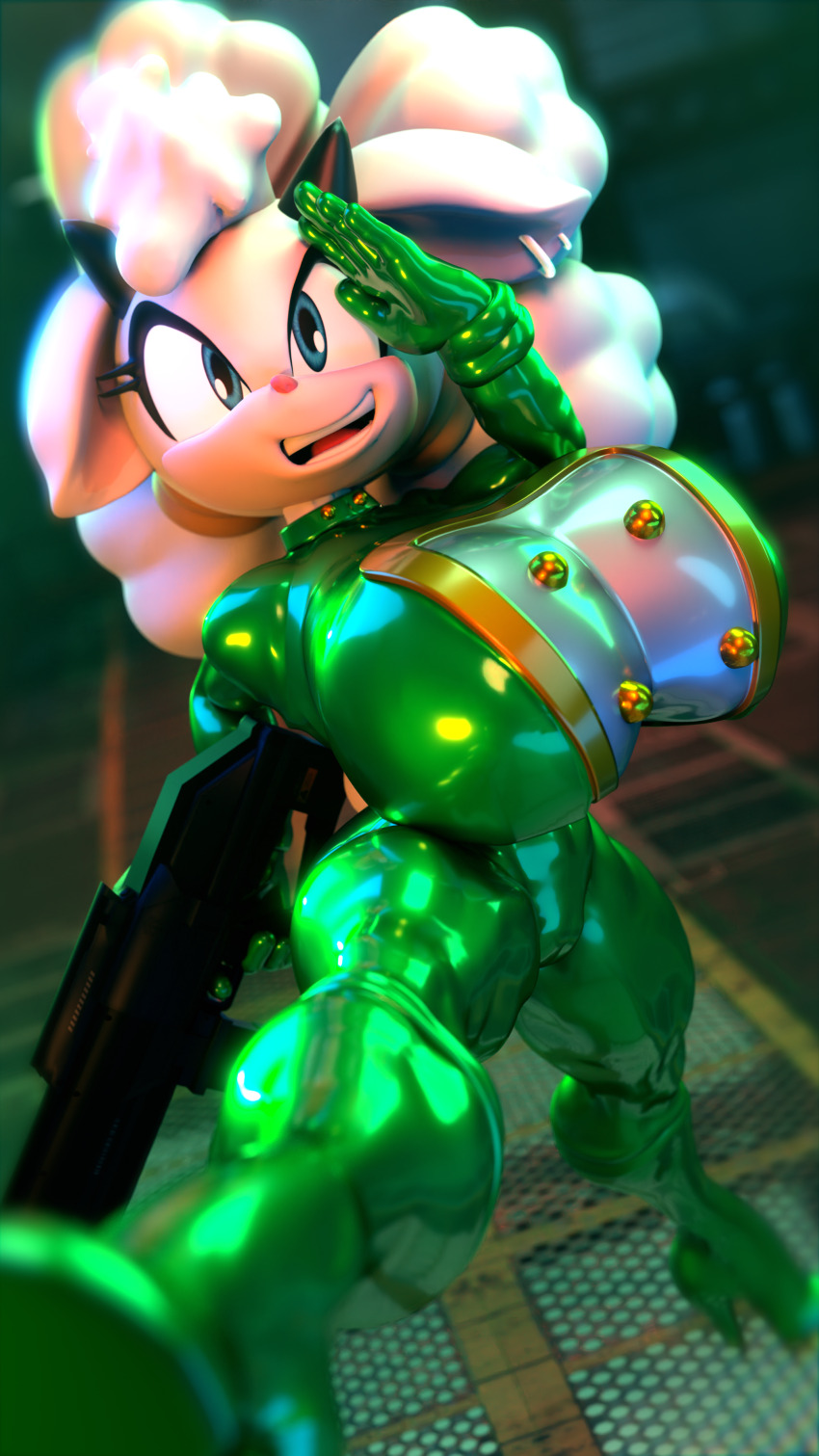 3d ass breasts complex_background female_only femsub furry gloves green_eyes high_heels huge_breasts lanolin_the_sheep latex meat_corp military_uniform palisal saluting smile sonic_the_hedgehog_(series) standing tongue tongue_out uniform