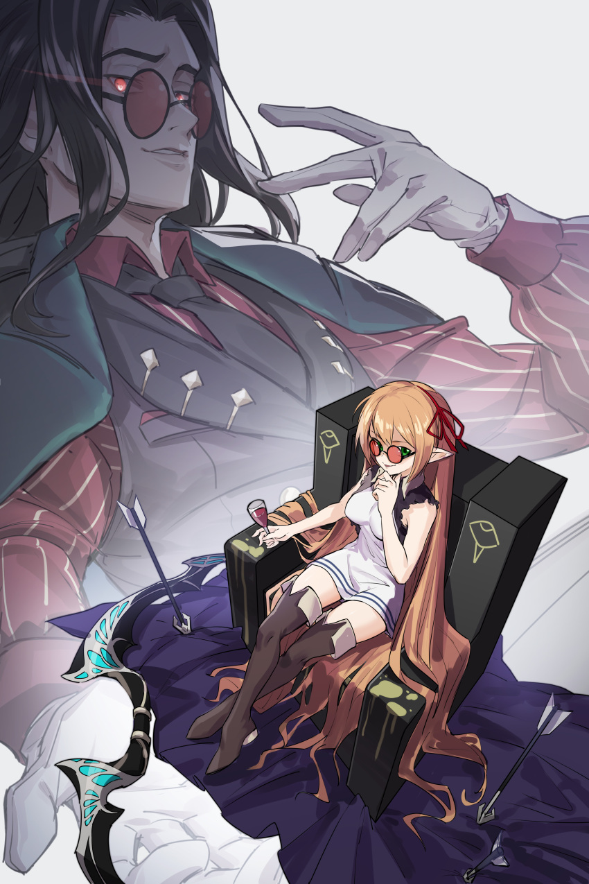 alternate_costume arisa_(shadowverse) arrow bare_shoulders black_hair boots bow_(weapon) breasts chair chin_hold corruption crossed_legs cygames evil_smile femsub glass glasses gloves glowing glowing_eyes green_eyes hair_ribbon hand_on_head happy_trance iceschillendrig long_hair looking_at_viewer orange_hair possession red_eyes ribbon shadowverse sitting slug10000 smile spoilers suit thigh_boots thighhighs thighs tie white_background