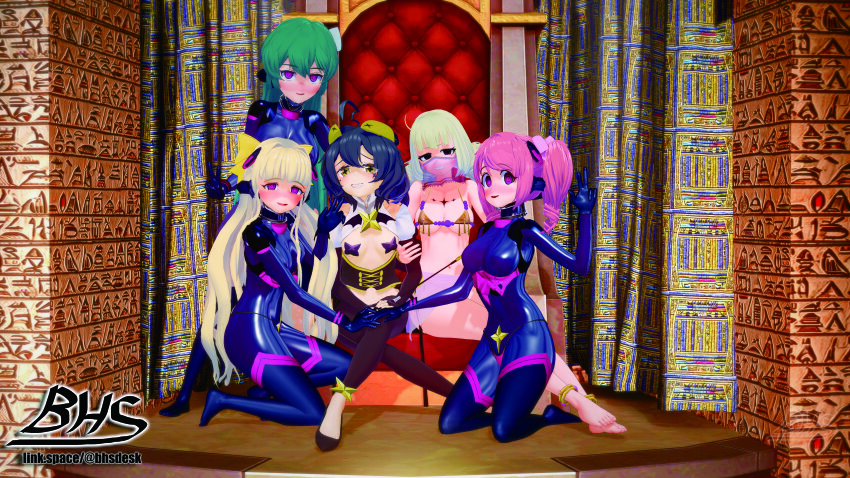 3d absurdres ahoge alternate_costume bhsdesk black_hair blonde_hair bodysuit bow cyan_hair empty_eyes female_only femdom femsub harem harem_outfit haruka_hanabishi kaoruko_tenkawa kiwi_araga kneeling koikatsu! long_hair looking_up_to_magical_girls multiple_girls multiple_subs open_mouth pink_eyes pink_hair sayo_minakami short_hair signature tech_control twintails utena_hiiragi very_long_hair