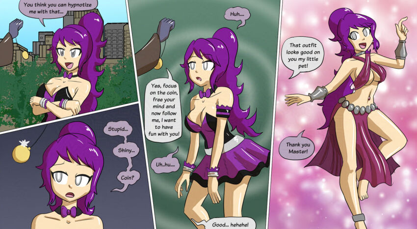 bare_legs barefoot bow_tie bracelet choker cleavage coin comic crossed_arms dancer denial dialogue empty_eyes femsub grey_eyes happy_trance harem_outfit heavy_eyelids jewelry layla_(mythkaz) leaning_forward limp long_hair maledom mythkaz open_mouth original outdoors pendulum pocket_watch ponytail purple_eyes purple_hair skirt smile speech_bubble spiral_background text very_long_hair white_eyes