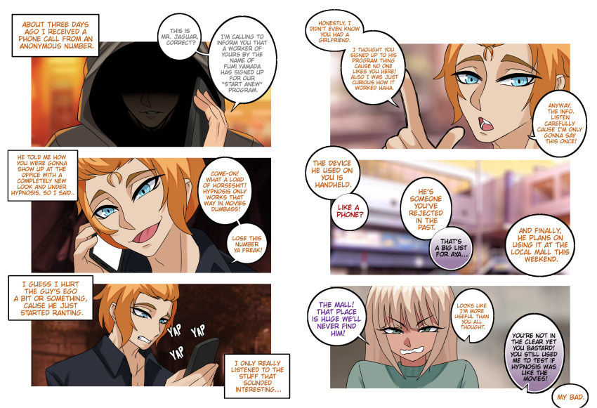 angry antiyuri_app aya_(antiyuri_app) blonde_hair blue_eyes border comic denial dialogue english_text erasethismail eyebrows_visible_through_hair femsub green_eyes long_hair orange_hair original phone ruined_life shirt short_hair speech_bubble sweater text