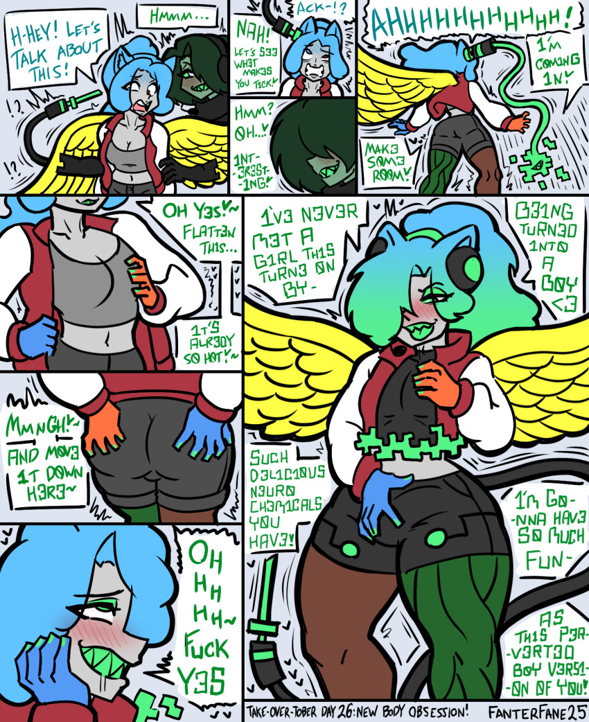 blue_eyes blue_hair brain_injection brown_eyes bulge comic dialogue drool eyebrows_visible_through_hair fanterfane femboy femsub green_hair headband heart heterochromia injection jacket maledom multicolored_eyes multicolored_hair needle open_mouth possession sharp_teeth shorts smile speech_bubble tail transformation transgender wings