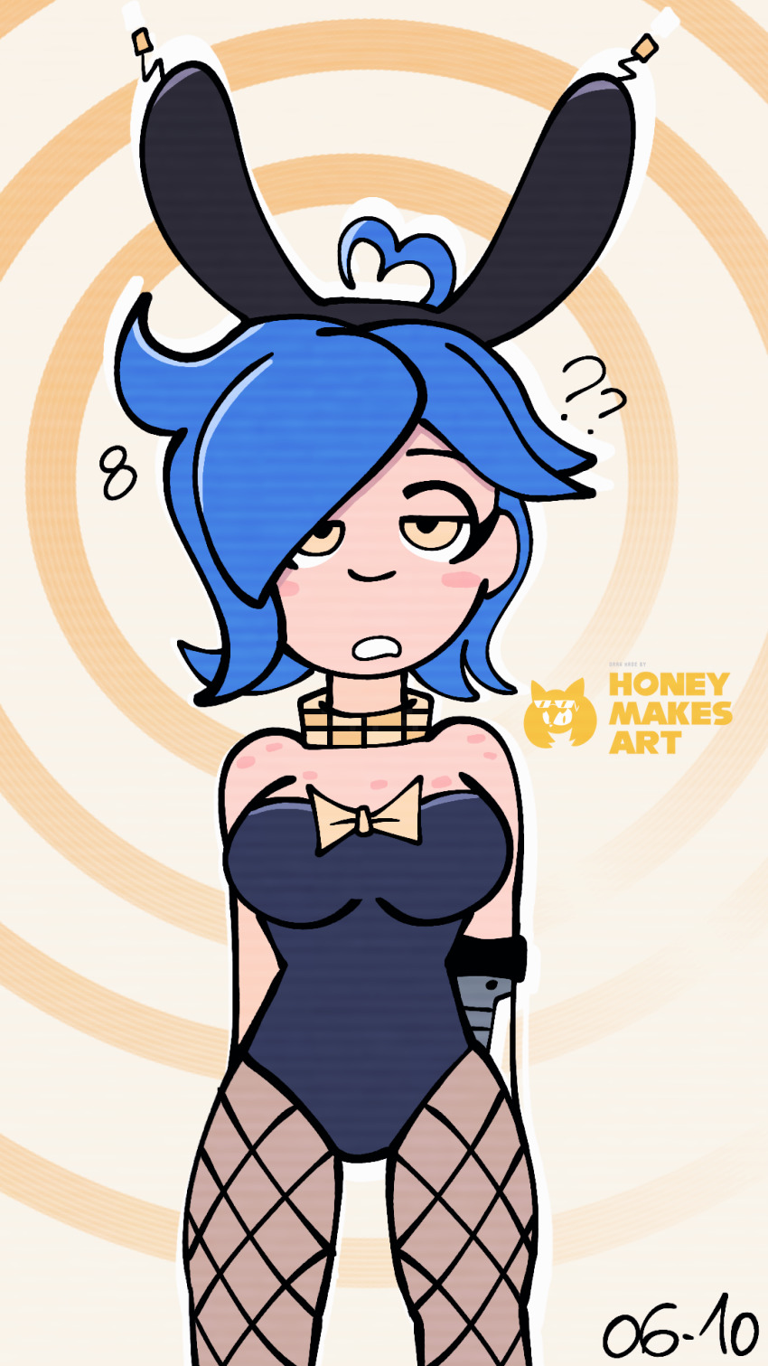 antenna arms_behind_back blue_hair bunny_ears bunnysuit confused femsub honeymakesart looking_at_viewer meta_runner microchip signature simple_background smg4 standing tari_(smg4) tech_control unaware yellow_eyes