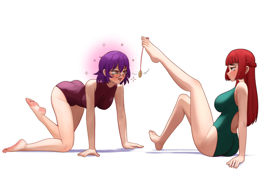 all_fours arms_behind_back aura bare_legs barefoot blush brown_eyes collarbone drool eyebrows_visible_through_hair feet female_only femdom femsub foot_focus foot_pendulum glasses green_eyes heavy_eyelids kneeling long_hair one-piece_swimsuit pendulum purple_hair red_hair ro short_hair simple_background sitting sparkle spiral_eyes swimsuit tagme white_background