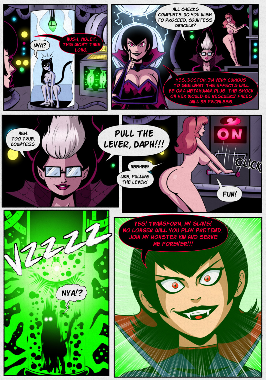 alternate_costume alternate_hairstyle bimbofication black_hair comic crossover daphne_blake dialogue english_text evil_smile female_only femdom femsub glasses hotel_transylvania mad_scientist magic mavis_(hotel_transylvania) memetic_control nude pet_play polmanning red_eyes red_hair scooby-doo_(series) speech_bubble story text the_incredibles transformation vampire velma_dinkley violet_parr