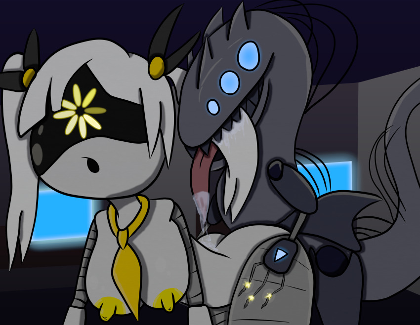 breasts claws dinosaur drool expressionless femsub glowing_eyes hair_pulling murder_drones robot_girl serial_designation_j sex tcross tie white_hair
