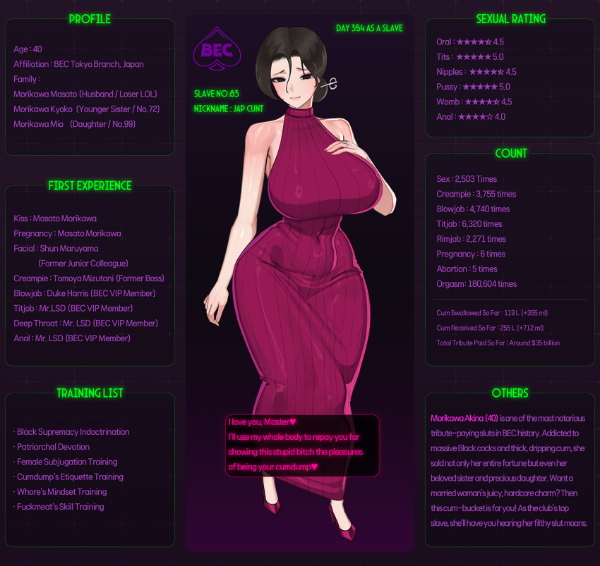 black_eyes black_hair blacked character_profile cheating clothed dialogue english_text female_only femsub milf netorare nuo original short_hair solo text