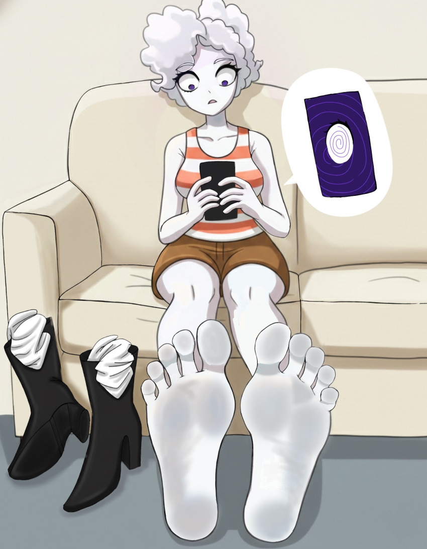 barefoot boots cartoon_network cloudy_jay_(regular_show) couch dazed feet foot_focus hypnotic_screen joearthgidor phone regular_show shorts sitting socks spiral spiral_eyes tank_top tech_control white_hair white_skin