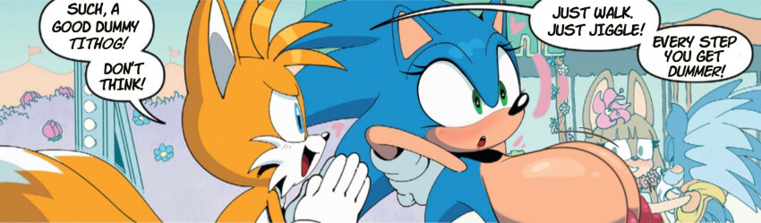 absurdres ahegao altered_common_sense animal_ears bimbofication blueberrygrizzly blush bouncing_breasts breasts dazed empty_eyes erect_nipples expressionless eyelashes femsub fox_boy furry genderswap gloves hedgehog_girl huge_breasts manip miles_tails_prower nipples nude open_mouth smile sonic_the_hedgehog sonic_the_hedgehog_(series) standing text topless