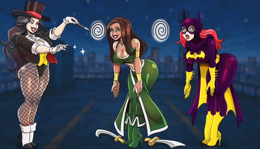 batgirl dc_comics female_only femdom femsub spiral_eyes standing super_hero talia_al_ghul zatanna_zatara zorro-zero