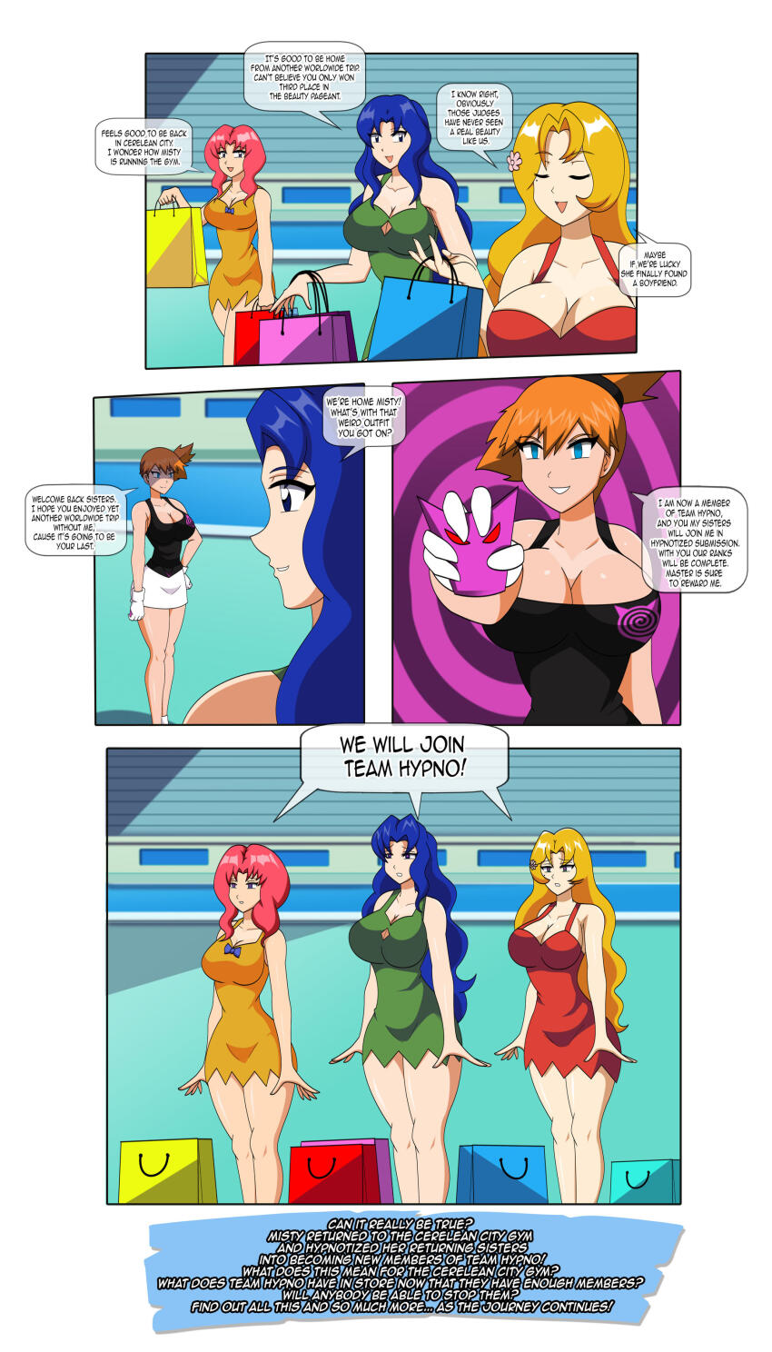 blonde_hair blue_hair comic daisy_(pokemon) dialogue dlobo777 empty_eyes femsub happy_trance hypnotized_hypnotist lily_(pokemon) long_hair misty nintendo orange_hair pokemon red_hair short_hair team_hypno text violet_(pokemon)