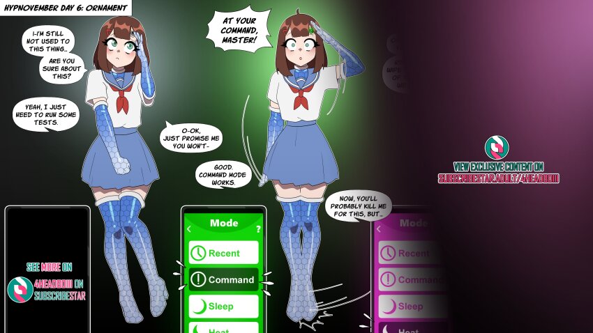 4headboiii absurdres ahoge bangs brown_hair comic dialogue empty_eyes expressionless female_only femsub gloves green_eyes high_heels hypnovember microchip open_mouth opera_gloves original phone preview saluting school_uniform sequence short_hair shrunken_irises skirt solo standing standing_at_attention straight-cut_bangs tech_control text thigh_boots thighhighs trigger