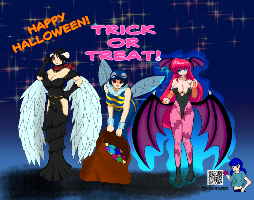 albedo_(overlord) alternate_hairstyle aura bee_girl bee_suit black_hair blue_eyes blue_hair breasts capcom character_request clothed corruption cosplay costume crossover darkstalkers empty_eyes english_text eye_color_change fatal_fury female_only femsub genderswap hair_color_change halloween happy_trance large_breasts leaning_forward looking_at_viewer mai_shiranui morrigan_aensland multiple_girls multiple_subs nail_polish neopancho overlord possession q-bee ranma_1/2 ranma_saotome red_eyes red_hair ring_eyes sparkle standing succubus tagme text tongue tongue_out very_long_hair