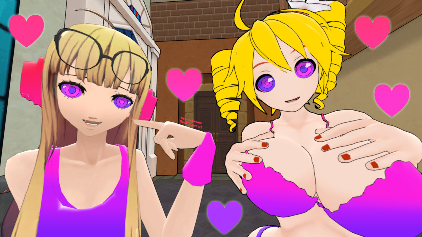 ahoge alternate_costume alternate_hair_color bare_shoulders bimbofication bisexual blonde_hair bra female_only femdom femsub futaba_sakura glasses happy_trance headphones heart holding_breasts hypnoscream hypnotic_eyes hypnotized_hypnotist large_breasts manip open_mouth persona_(series) persona_5 pov_sub pride_colors ring_eyes source_filmmaker teto_kasane twintails vocaloid