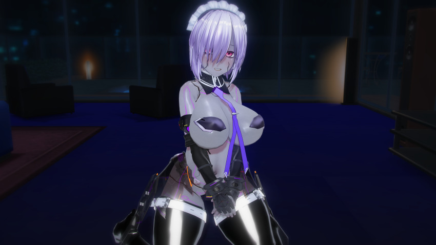 3d absurdres bare_shoulders belt blush breasts corruption custom_maid_3d_2 dark_side_ruler fate/grand_order fate_(series) female_only femsub gauntlets gloves hair_covering_one_eye large_breasts maid maid_headdress mashu_kyrielight midriff navel opera_gloves panties pasties red_eyes robotization smile solo thighhighs thighs tie