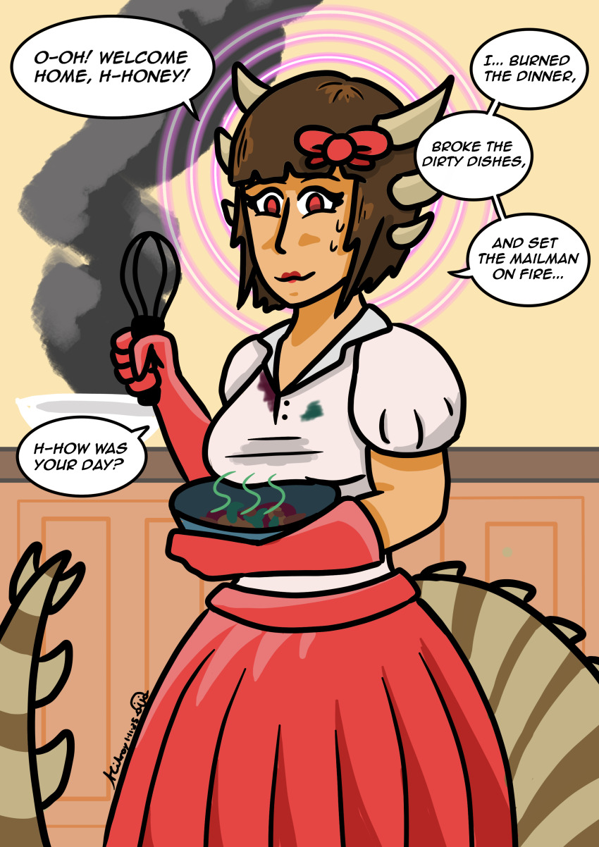 bow brown_hair dress female_only femsub food gloves housewife humor hypnovember kilroylucy18 lipstick lizard_girl lucy_theodulf_(kilroylucy) original red_eyes smile stepfordization sweat tail