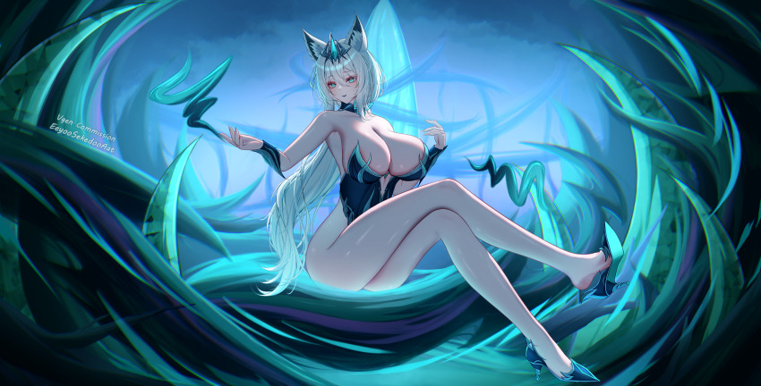 absurdres ahoge alternate_color_scheme alternate_costume bare_legs bare_shoulders breasts cleavage crossed_legs crossover crown eeyoosekedooaat eye_color_change eyeshadow femsub fox_ears fubuki_shirakami green_eyes high_heels hololive large_breasts league_of_legends leotard lipstick makeup maledom pale_skin possession ruination sitting smoke very_long_hair viego_(league_of_legends) virtual_youtuber white_hair white_skin